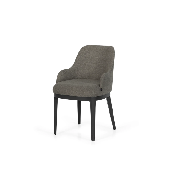 Chair with armrest upholstered in fabric, with wooden feet in black laquered.