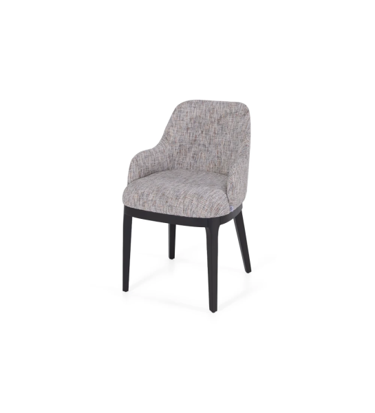 Chair with armrests upholstered in fabric, with wooden feet in black laquered.
