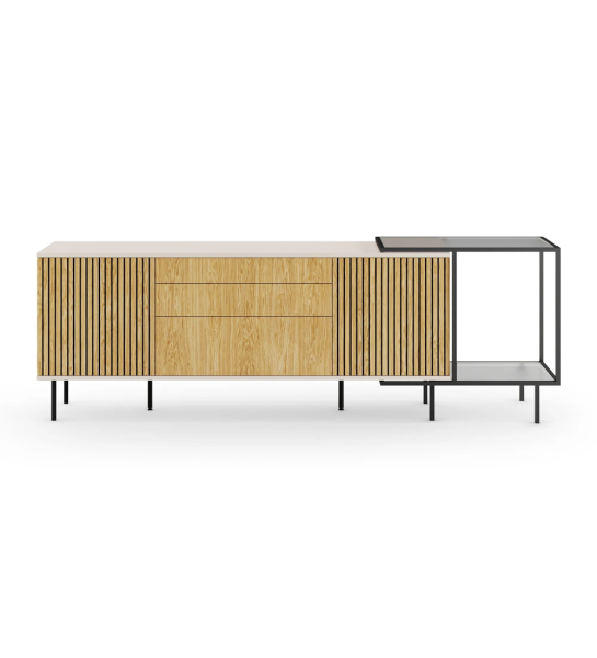 Sideboard with 2 friezes doors, 1 hinged door and 2 drawers in natural oak, pearl structure and black lacquered metal feet with levelers. Side extension with black lacquered metal structure, glass top and shelf.