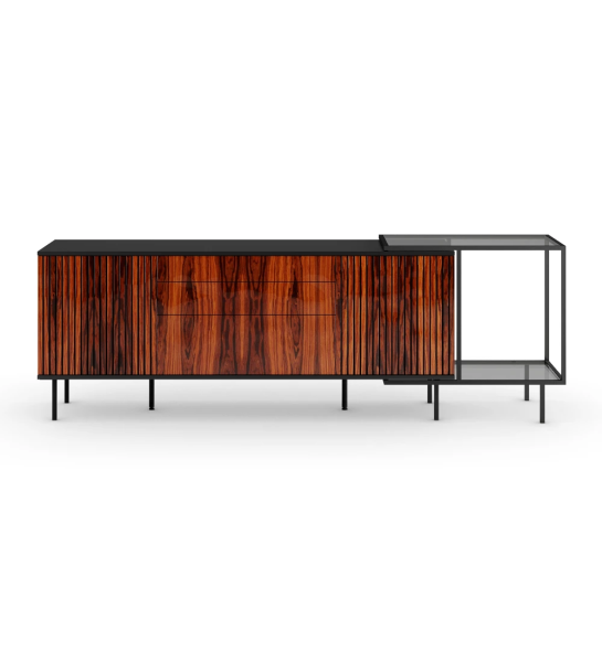 Sideboard with 2 doors with friezes, 1 hinged door and two drawers in high gloss palissander, black lacquered metal structure and black lacquered metal feet with levelers. Side extension with black lacquered metal structure, glass top and shelf.