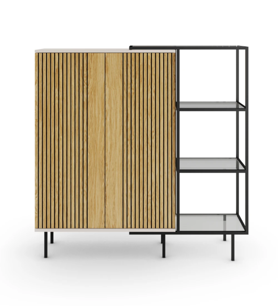 Cupboard with 2 doors with friezes in natural oak, pearl structure and black lacquered metal feet with levelers.  Side extension with black lacquered metal structure, glass shelves.