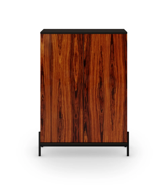 Cupboard with 2 doors in high gloss palissander, black structure and black lacquered metal feet with levelers.