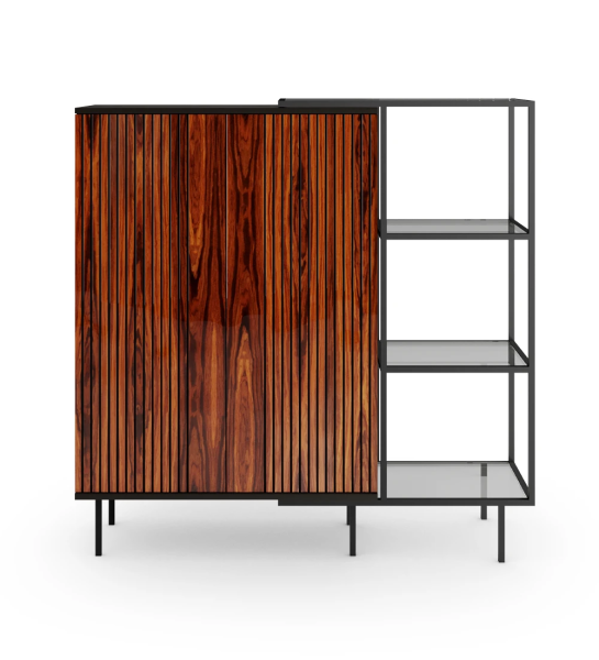 Cupboard with 2 doors with friezes in high gloss palissander, structure in black and black lacquered metal feet with levelers. Side extension with black lacquered metal structure, glass shelves.