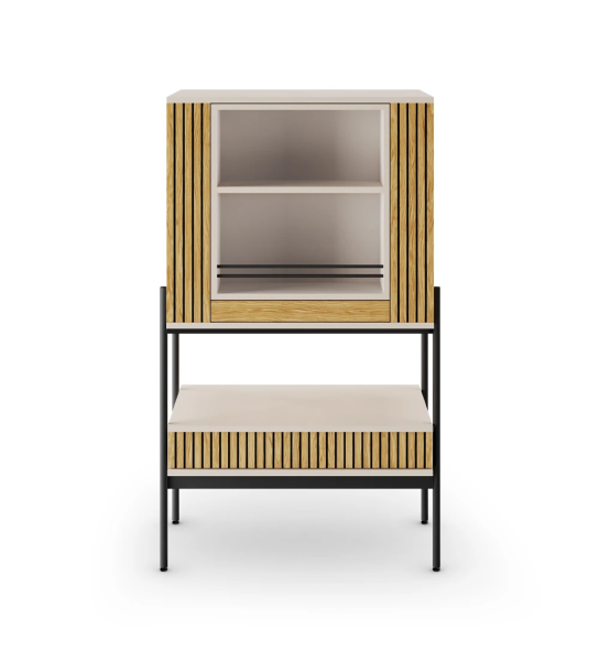 Bar cabinet with pearl structure, doors and drawer with friezes in natural oak, black lacquered metal structure, feet with levelers. Rotating center with bottle and glass holder, mirrored back.