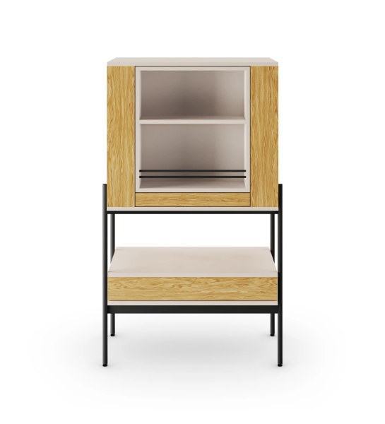 Bar cabinet with pearl structure, doors and drawer in natural oak, black lacquered metal structure, feet with levelers. Rotating center with bottle and glass holder, mirrored back.