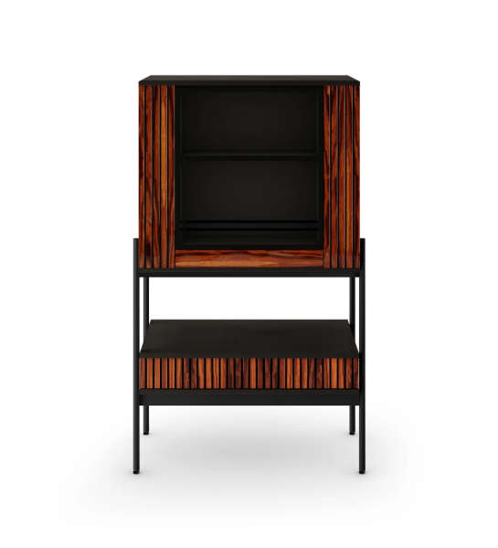 Bar cabinet with black structure, doors and drawer with friezes in high gloss palissander, black lacquered metal structure, feet with levelers. Rotating center with bottle and glass holder, back with mirror.