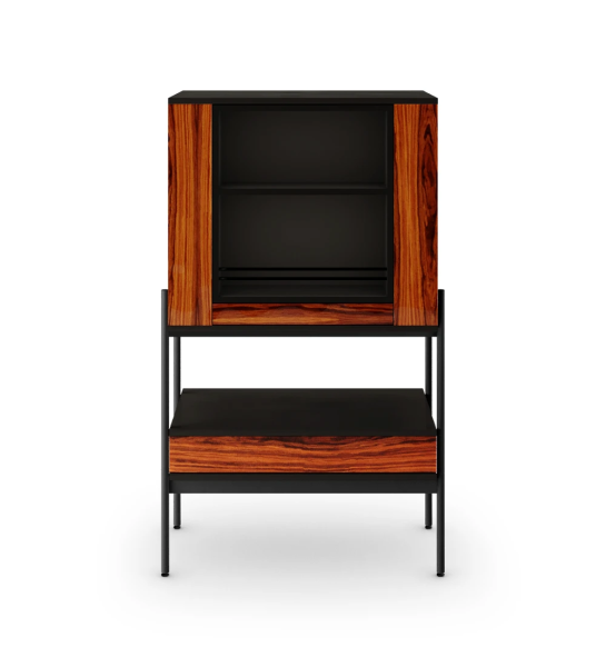 Bar cabinet with black structure, doors and drawer in high gloss palissander, black lacquered metal structure, feet with levelers. Rotating center with support for bottles and glasses, back with mirror.