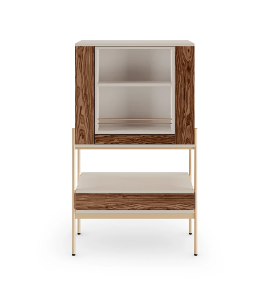 Bar cabinet with pearl structure, walnut doors and drawer, gold lacquered metal structure, legs with levelers. Rotating center with bottle and glass holder, mirrored back.
