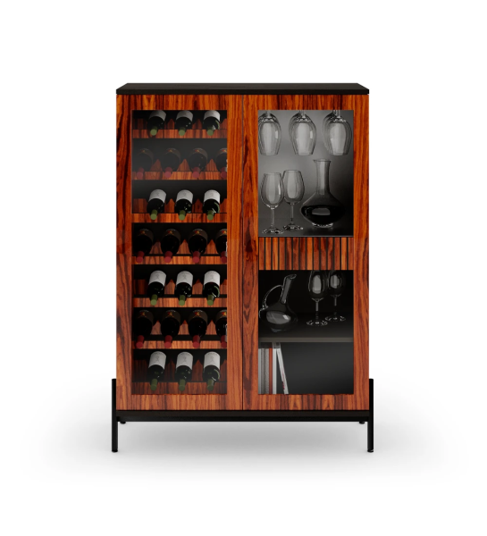 Wine cellar in high gloss palisander, with lighting, black structure and black lacquered metal feet with levelers.
