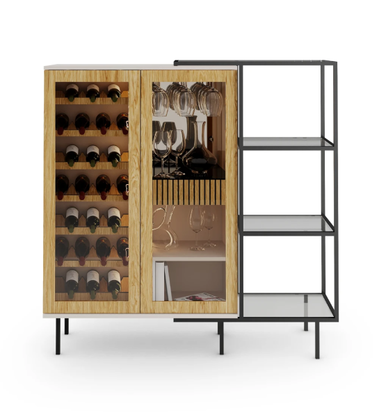 Wine cellar cabinet in natural oak, with lighting, pearl structure and black lacquered metal feet with levelers. Side extension with black lacquered metal structure, glass shelf.