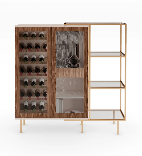 Wine cellar cabinet in walnut, with lighting, pearl structure and golden lacquered metal feet with levelers. Side extension with golden lacquered metal structure, glass shelf.