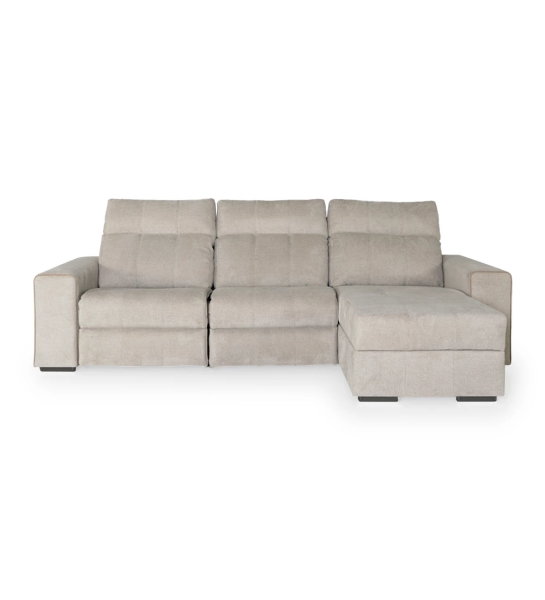Nice sofá 2 plazas y chaise longue derecho, tapizado en tela beige, sistema relax y almacenaje en chaise longue, 287 cm.