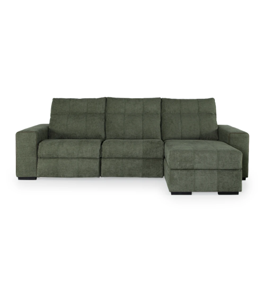 Nice sofá 2 plazas y chaise longue derecho, tapizado en tela verde, sistema relax y almacenaje en chaise longue, 287 cm.