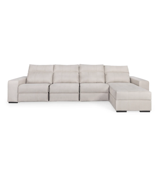 Sofá Nice 3 lugares e chaise longue direita, estofado a tecido bege, sistema relax, arrumação na chaise longue, 364 cm.