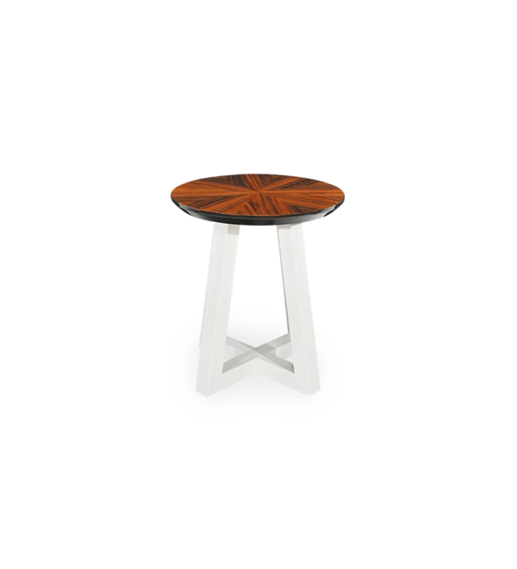 Table d'Appui ronde, avec un plateau à chevrons en palissandre brillant et un pied laqué perle.