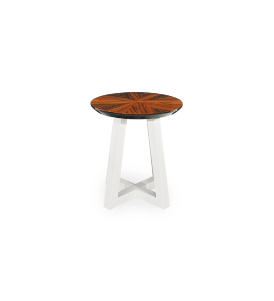 Mesa auxiliar Nice redonda, tapa en palisandro alto brillo, pie lacado perla, Ø 45 cm.