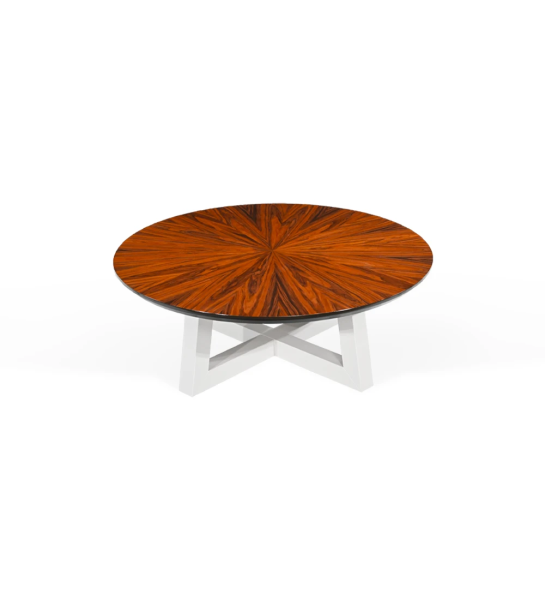 Table basse Nice ronde, plateau à chevrons en palissandre brillant, pied laqué perle, Ø 100 cm.
