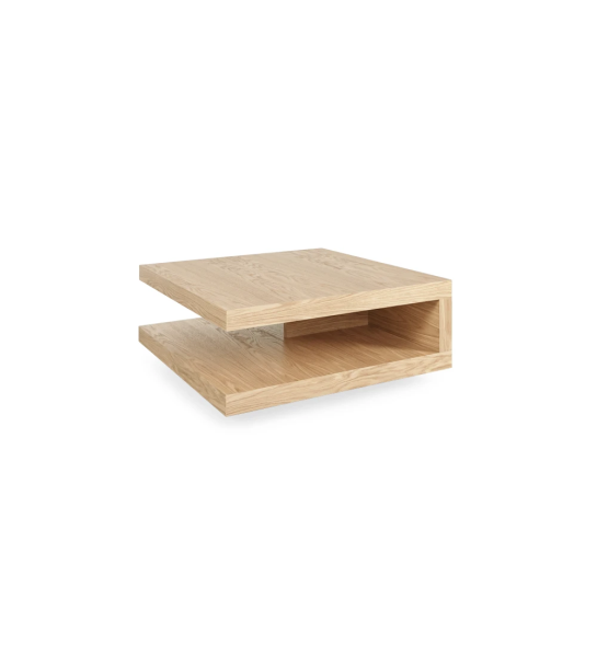 Nice square center table, 2 tops in natural oak with pearl lacquered baseboard and Nice square low center table covered in calacatta marble glass and pearl lacquered baseboard, 90 x 90 cm.