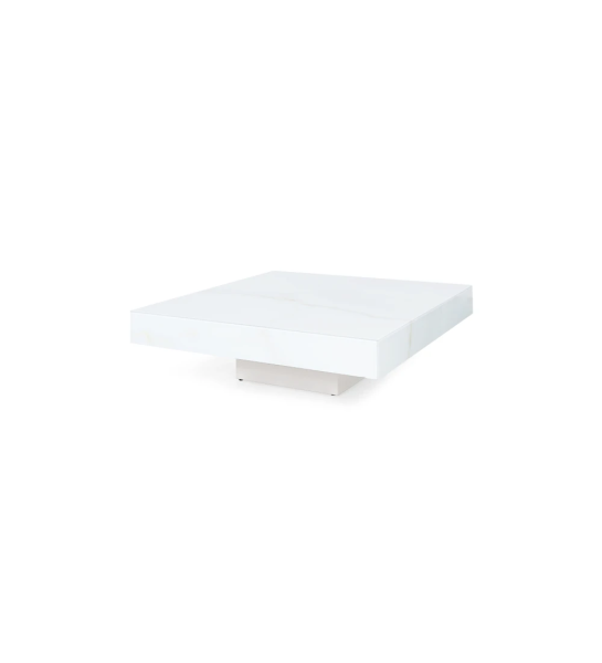Mesa de centro Nice quadrada baixa forrada a vidro mármore calacatta e rodapé lacado a pérola e mesa de centro Nice quadrada 2 tampos em carvalho natural com rodapé lacado a pérola, 90 x 90 cm.