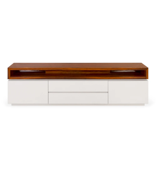 Bonito mueble TV con estructura lacada perla y módulo superior en palisandro alto brillo de 235 x 67,5 cm.