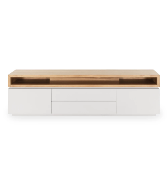 Nice TV stand pearl lacquered structure and upper module in natural oak, 235 x 67,5 cm.