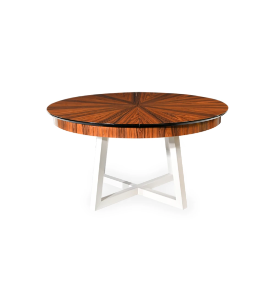 Round extendable dining table with top in high gloss palissander and pearl lacquered legs.