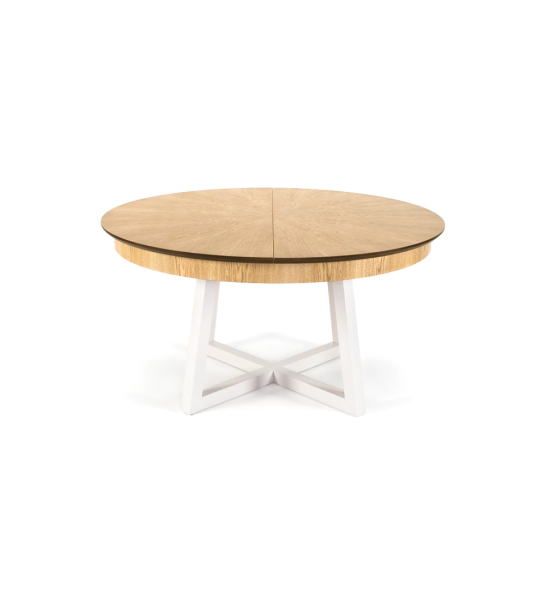 Round extendable dining table with natural oak top and pearl lacquered legs.