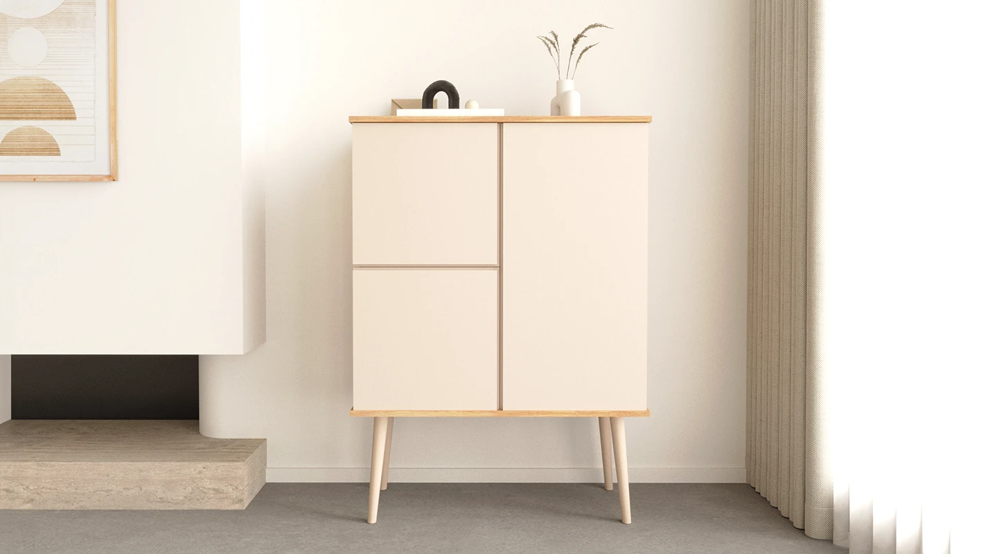 Cupboard with 3 doors and pearl lacquered legs, natural color oak structure.