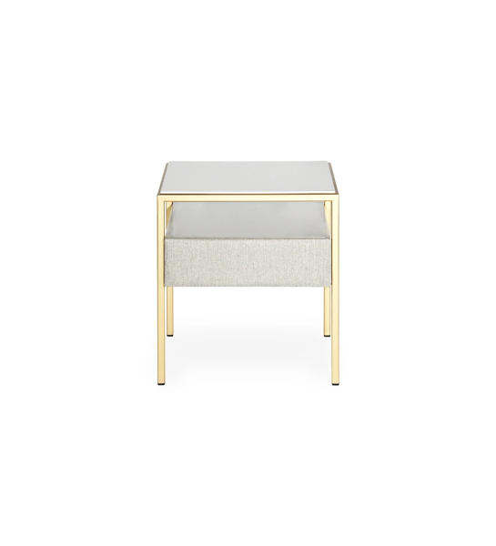 Bedside table with 1 drawer with fabric upholstered front, pearl lacquered top and drawer module, gold lacquered metal foot.