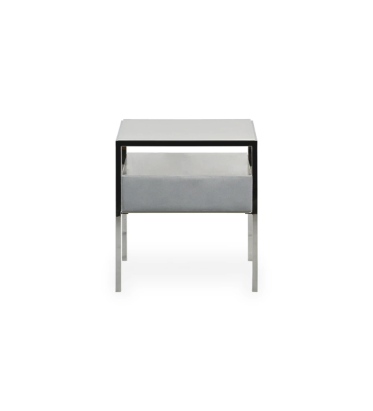 Bedside table with 1 drawer with fabric upholstered front, pearl lacquered top and drawer module, stainless steel foot.
