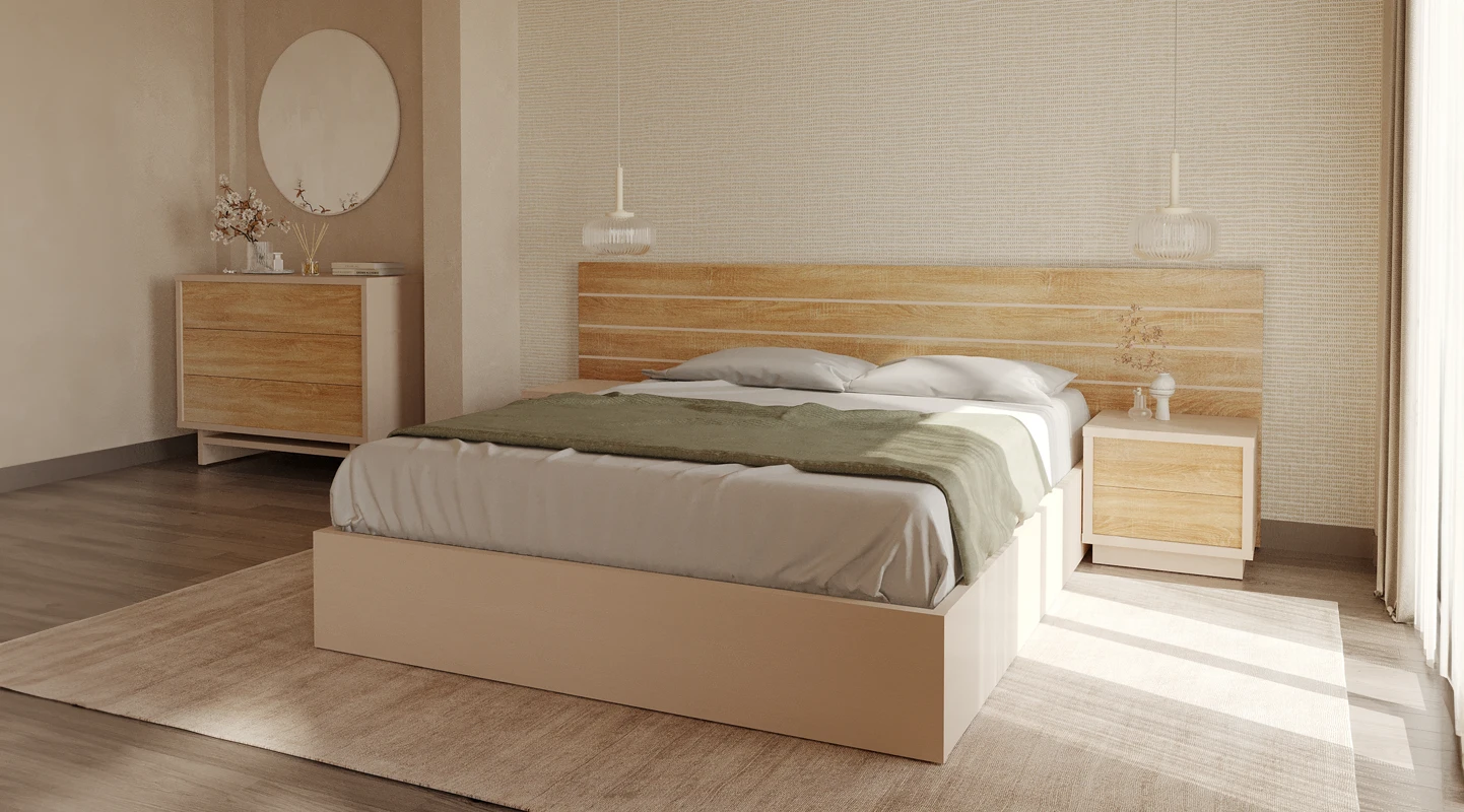 Lit double avec tête de lit en chêne naturel et sommier en perle, avec rangement via un lit surélevé.