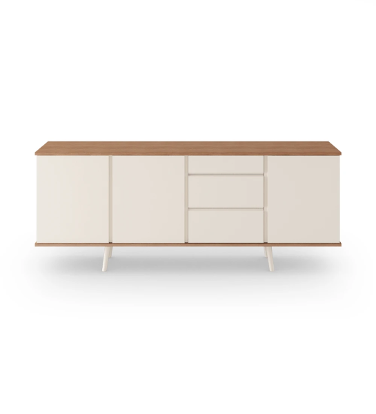 Aparador Oslo 3 puertas, 3 cajones y pies lacados perla, estructura de nogal, 195 x 78,5 cm.