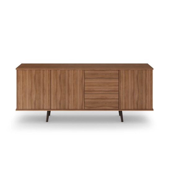 Buffet Oslo avec 3 portes, 3 tiroirs et structure en noyer, pieds laqués marron foncé, 195 x 78,5 cm.
