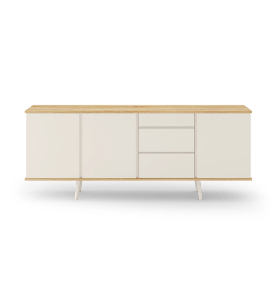 Buffet Oslo avec 3 portes, 3 tiroirs et pieds laqués perle, structure en chêne naturel, 195 x 78,5 cm.