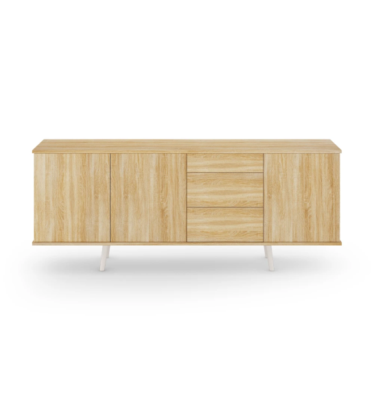 Aparador Oslo 3 portas, 3 gavetas e estrutura em carvalho natural, pés lacados a pérola, 195 x 78,5 cm.