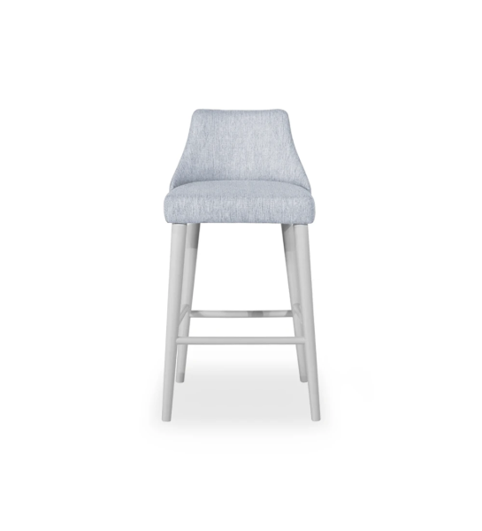 Tabouret Oslo rembourré en tissu gris clair, pieds laqués perle.