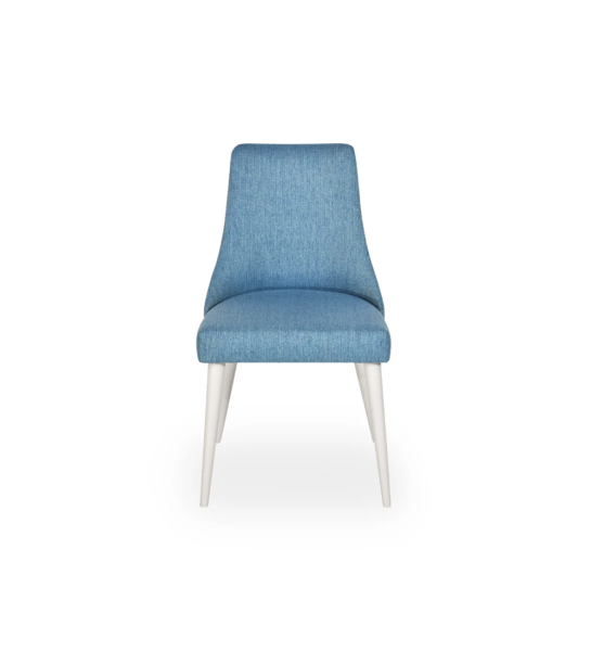 Oslo chair upholstered in blue fabric, pearl lacquered feet.