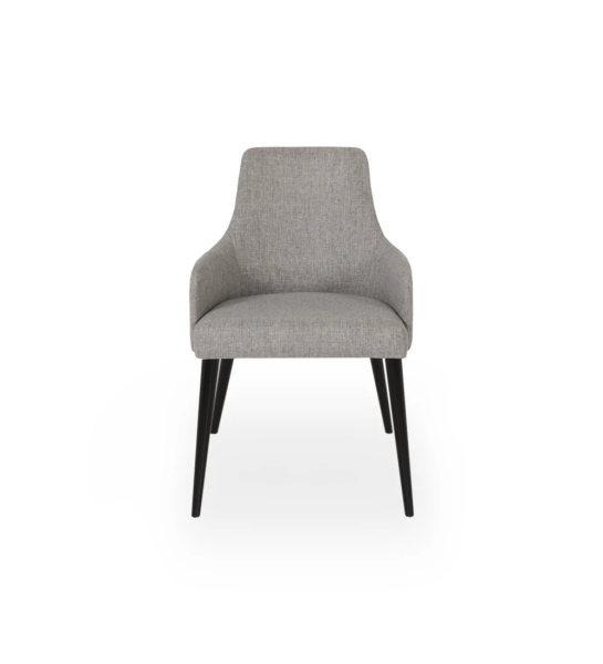 Oslo chair with arms upholstered in gray fabric, dark brown lacquered feet.