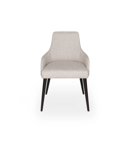Oslo chair with arms upholstered in gray fabric, dark brown lacquered feet.