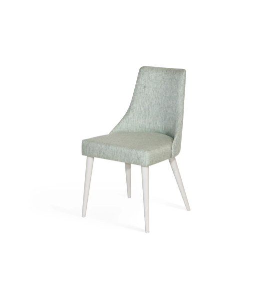 Cadeira Oslo com braços estofada a tecido water green, pés lacados a castanho escuro.