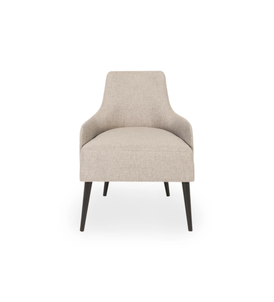 Oslo armchair upholstered in toffee fabric, dark brown lacquered feet.