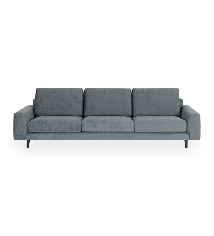 Sofá Oslo 3 lugares estofado a tecido azul, pés lacados a castanho escuro, 265 cm.