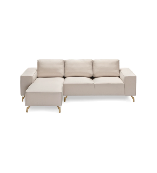 Sofá Tokyo 2 lugares e chaise longue esquerda, estofado a tecido bege, pés metálicos lacados a dourado, 265 cm.