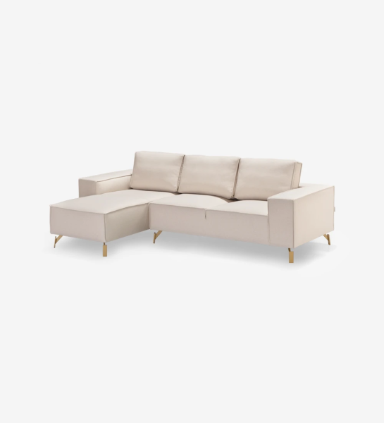 Sofá de 2 plazas con chaise longue, tapizado en tejido, pies de metal lacado en dorado.