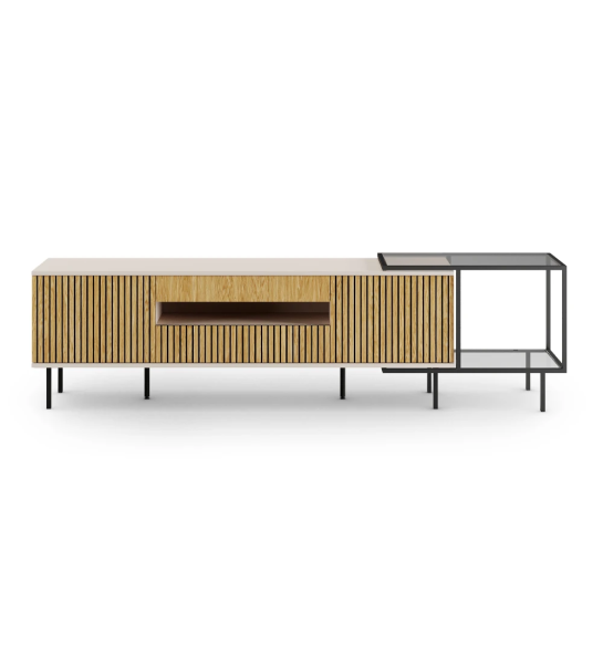 Meuble TV Cannes 2 portes et 2 tiroirs en chêne naturel, structure perlée et pieds en métal laqué noir avec niveleurs. Extension latérale avec structure en métal laqué noir, plateau et étagère en verre, 247 x 67 cm.