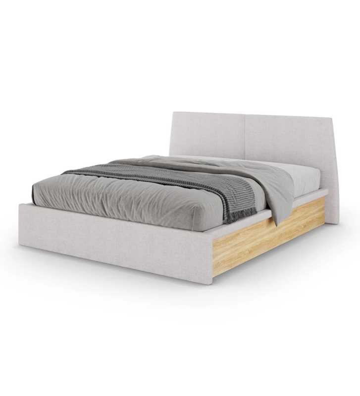 Lit double avec tête et pied de lit rembourrés en tissu, côtés en chêne naturel avec rangement grâce à une plate-forme élévatrice.