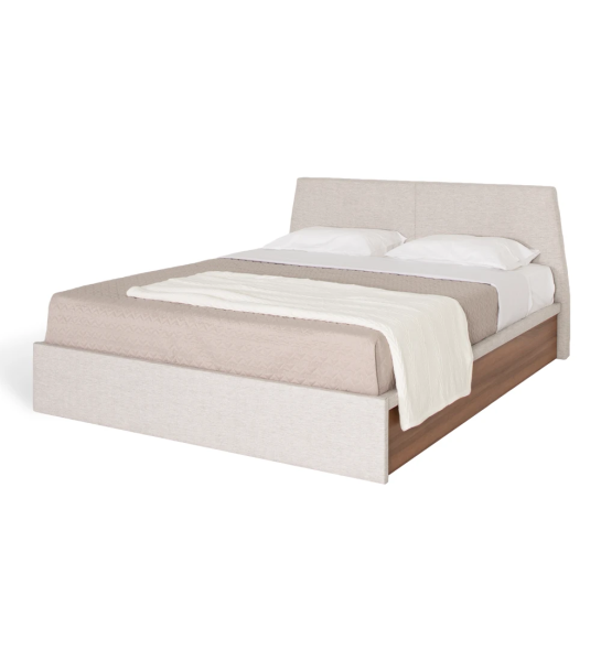Cama doble Oslo, cabecero y pie de cama tapizados en tela perla, laterales en nogal.