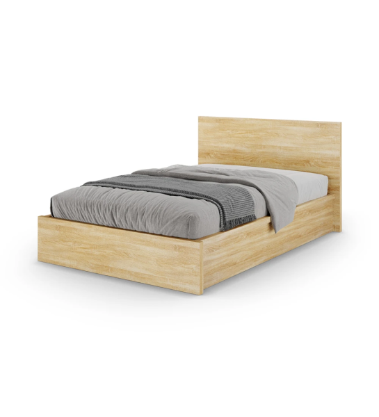 Cama individual Oslo en roble natural, almacenaje mediante plataforma elevadora.