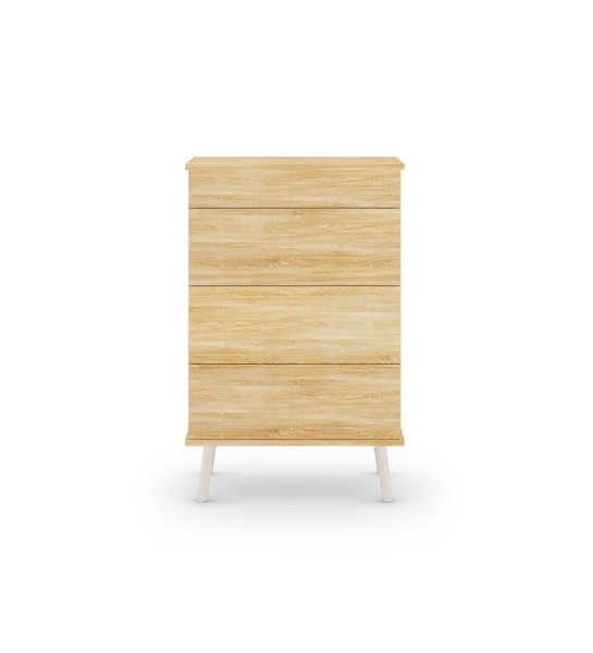 Cómoda Oslo 4 cajones y estructura en roble natural, pies lacados perla, 70 x 108,5 cm.