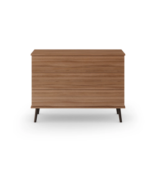 Oslo dresser with 3 drawers and walnut structure, dark brown lacquered feet, 120 x 87,6 cm.